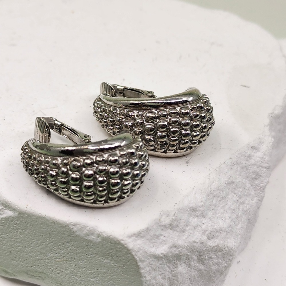 Vintage Silver Tone Textured Half Hoop Clip-On Earrings Chunky Retro Statement